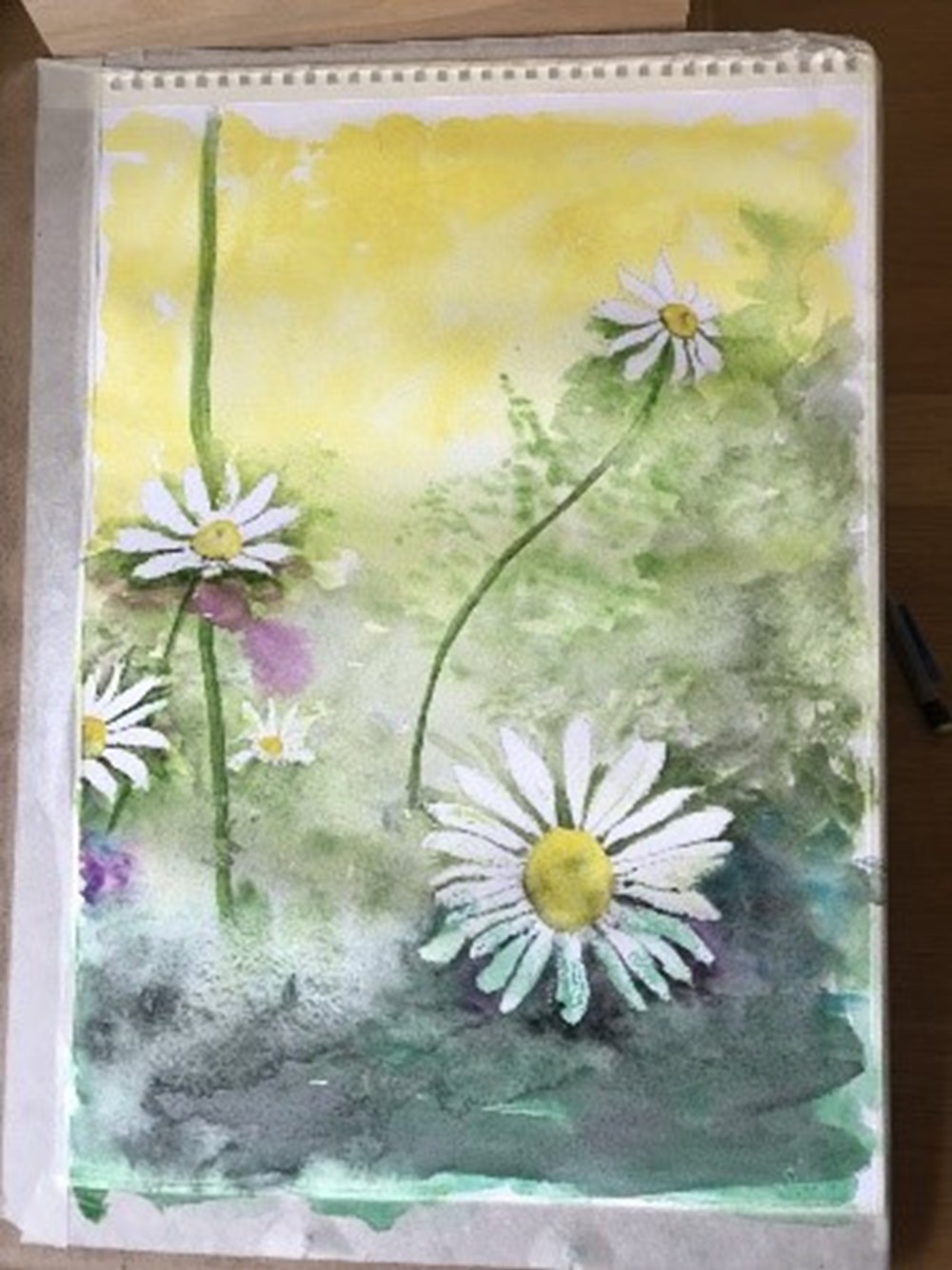 Learner watercolour painting of daisies