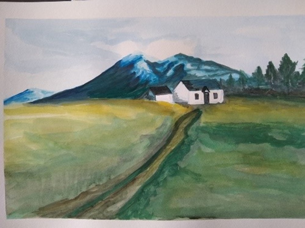 Learner painting of a house at the end of a country road