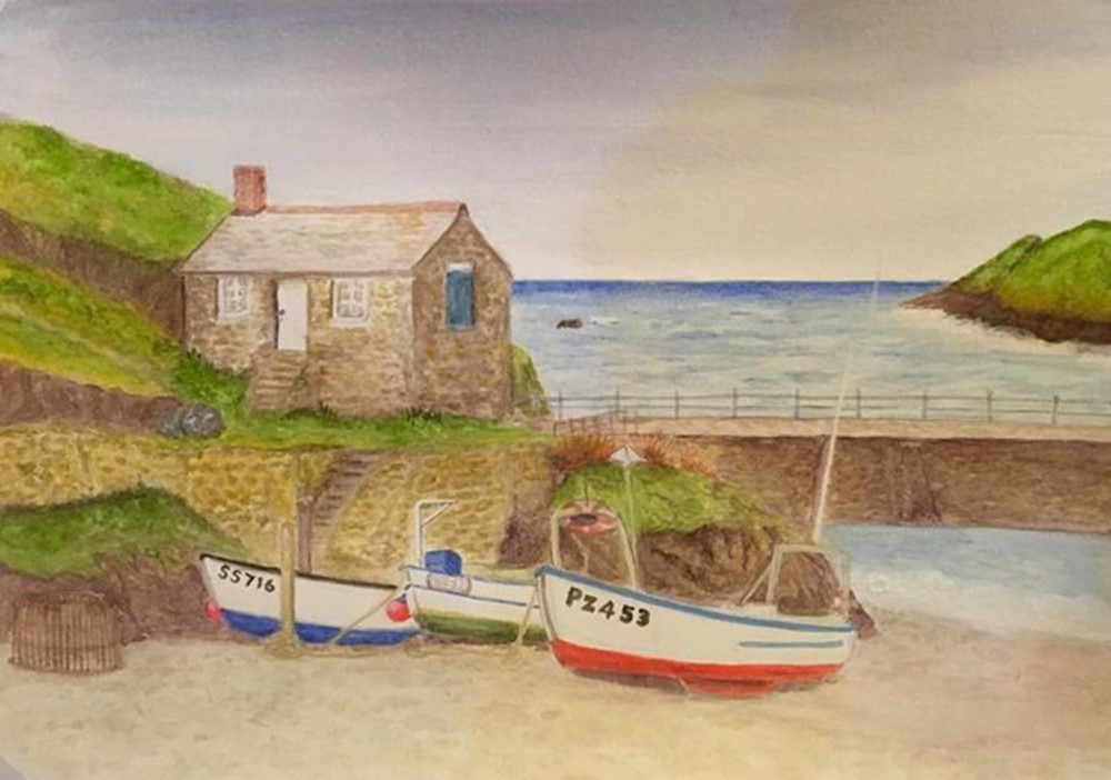 Learner painting of a cottage by the water