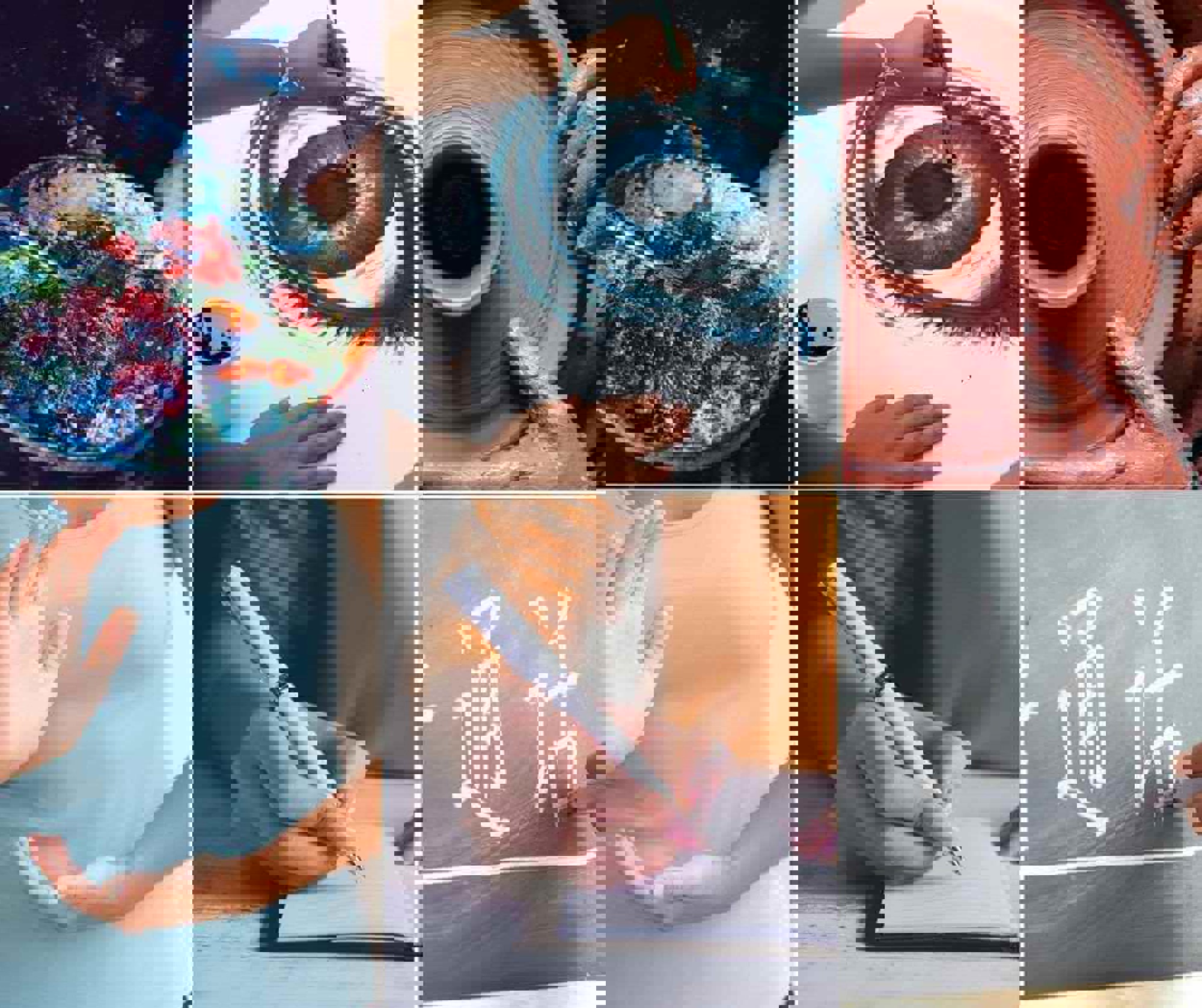 Square tiles of paint, art, pottery, fitness, writing and Chinese language