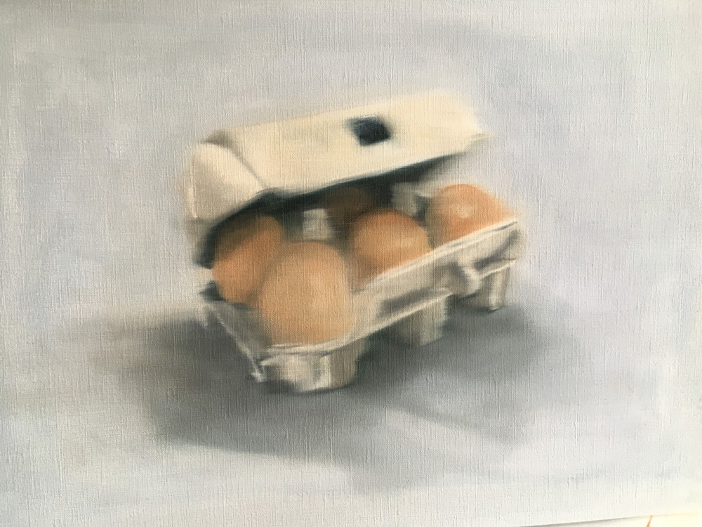 Painting depicting eggs in an egg box