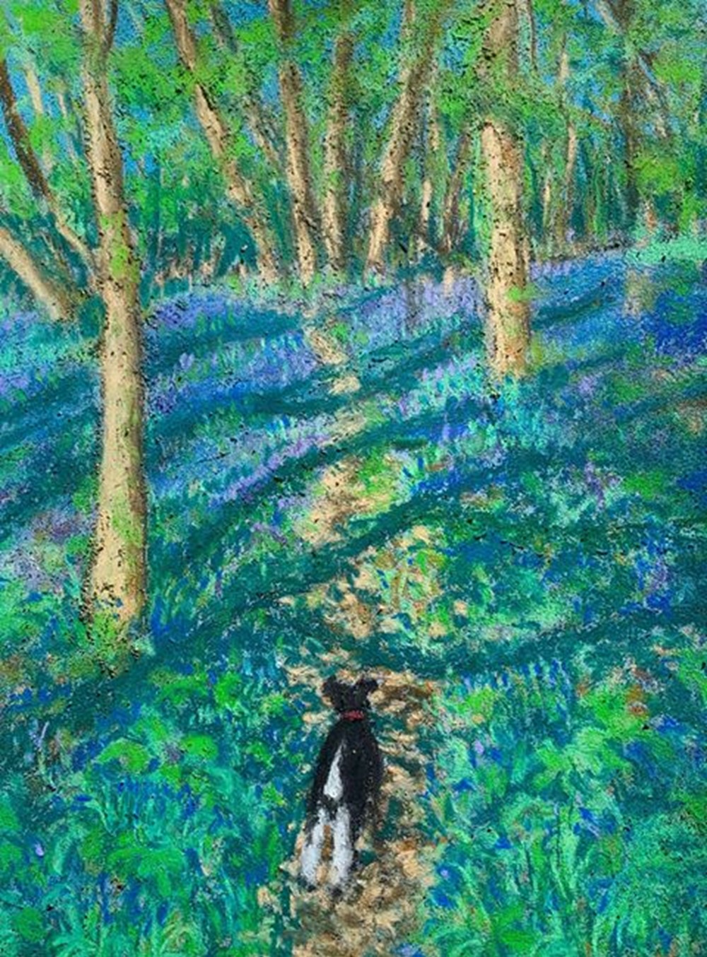 Learner painting of bluebells amongst trees and black dog