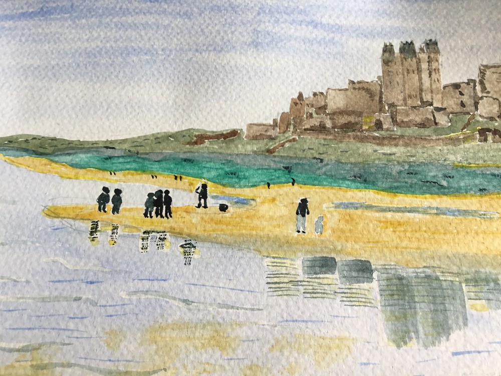 Learner painting of a seascape with people walking along a beach