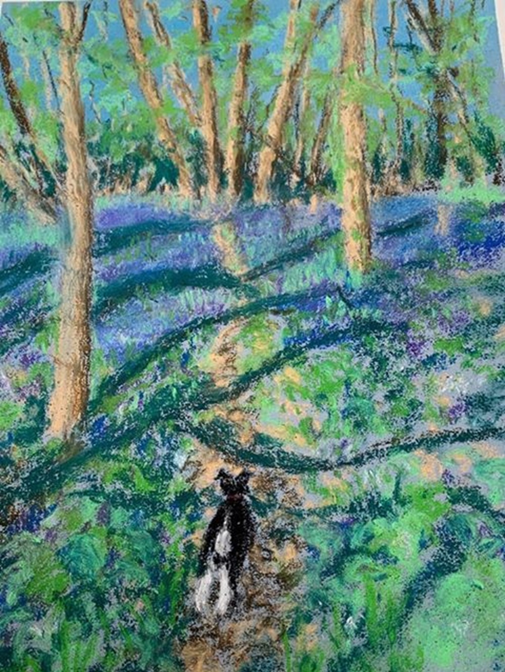 Learner painting of spring woodland scene with bluebells