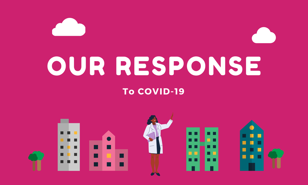 Our response to covid animated image of Doctor and houses