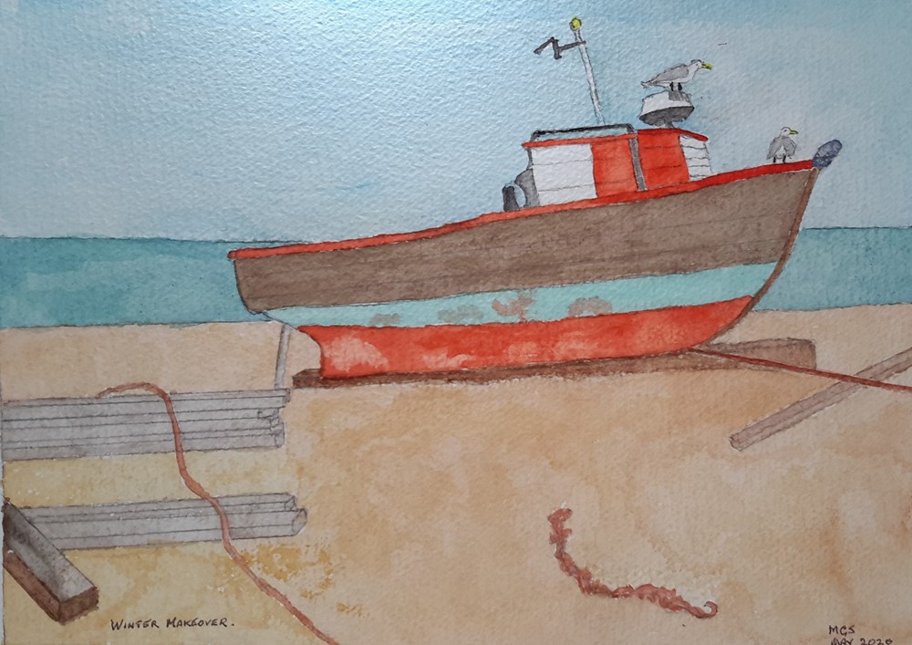 Learner painting of a boat on a beach shore