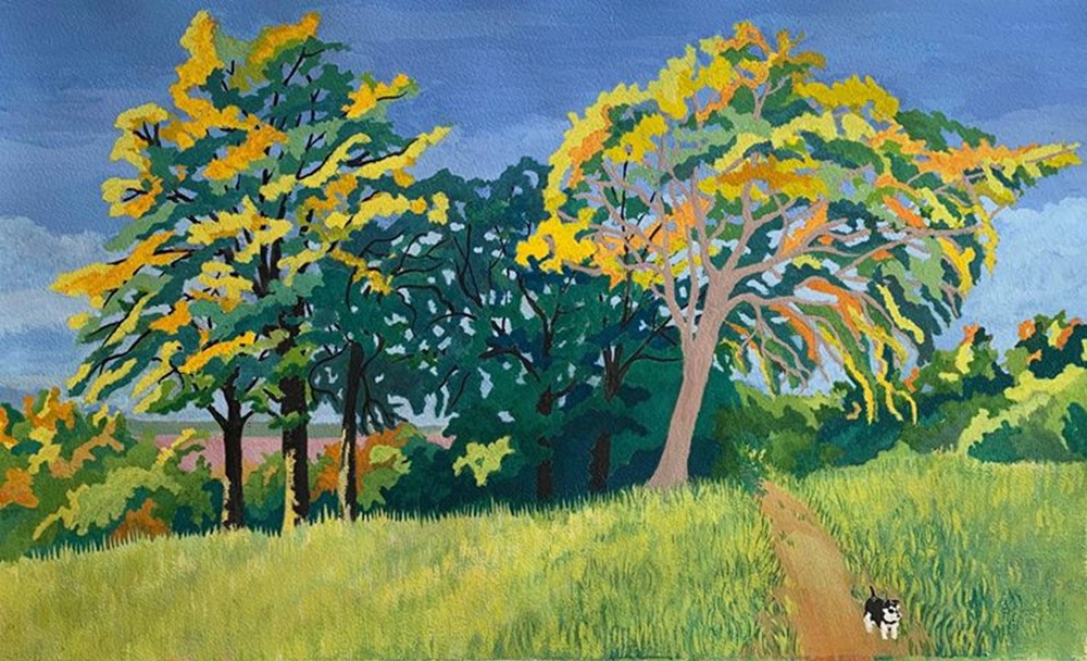 Learner painting of trees in field